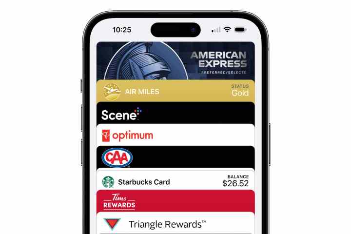 An iPhone running Apple Wallet with several rewards cards displayed.