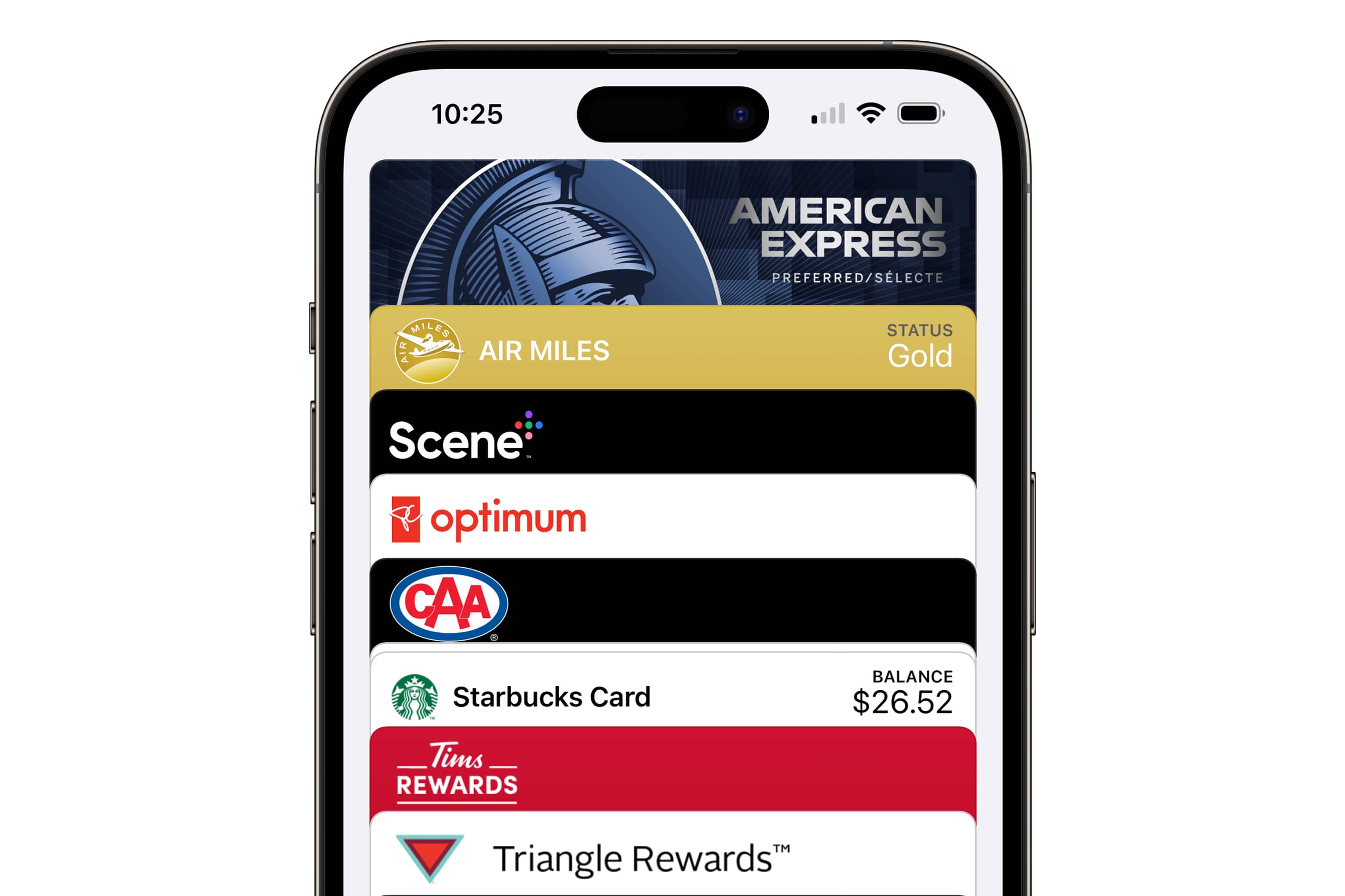 Un iPhone con Apple Wallet que muestra varias tarjetas de recompensas.