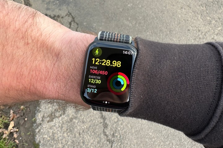 Workout data displayed on the Apple Watch Series 8 screen.