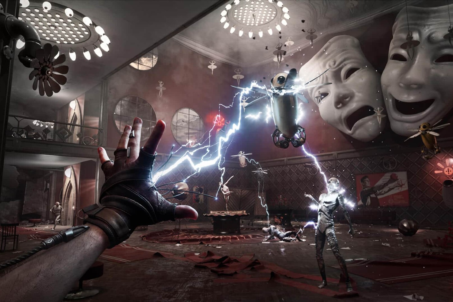 Player character electrocuting AI robots in Atomic Heart.