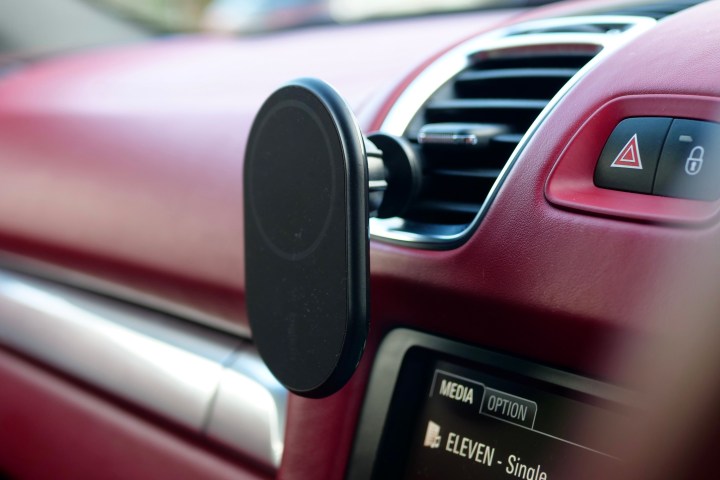 Belkin BoostCharge Magnetic Wireless Car Charger seen from the side attached to an air vent.