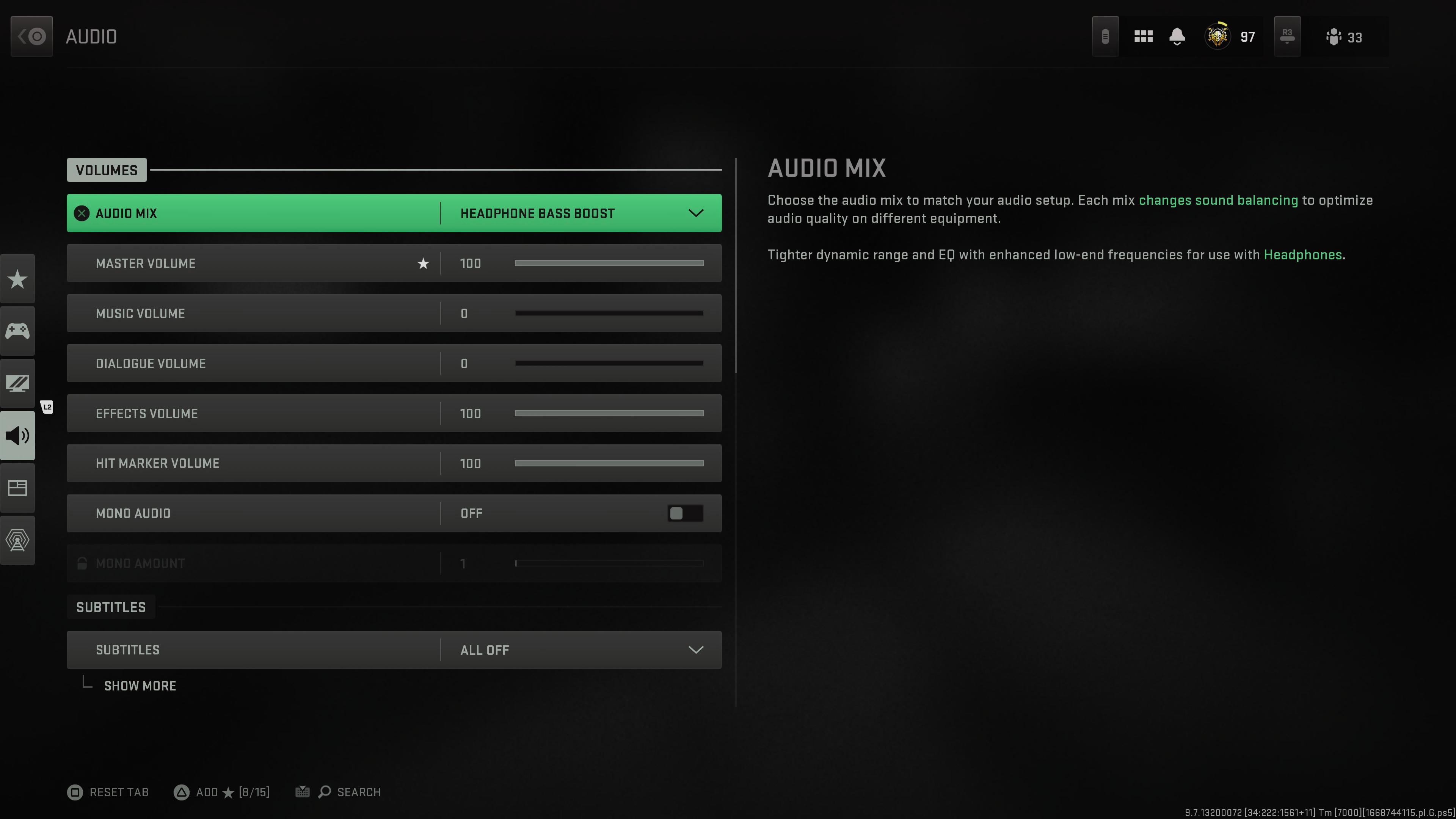Configurações de áudio no Warzone 2.0.