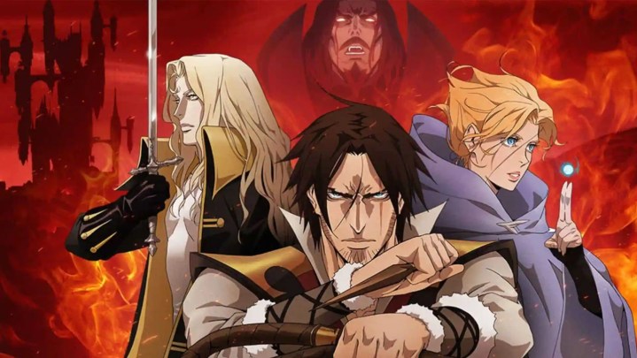 Castlevania promo art featuring Alucard, Trevor, and Sypha with Dracula looming in the background.