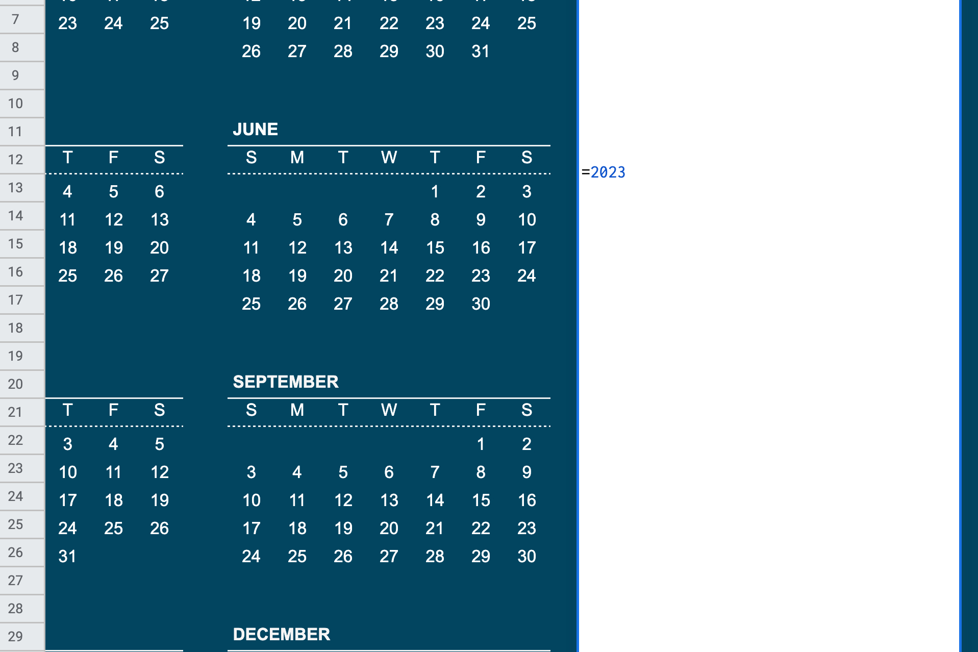 Cambiar año en Google Sheets Calendar.