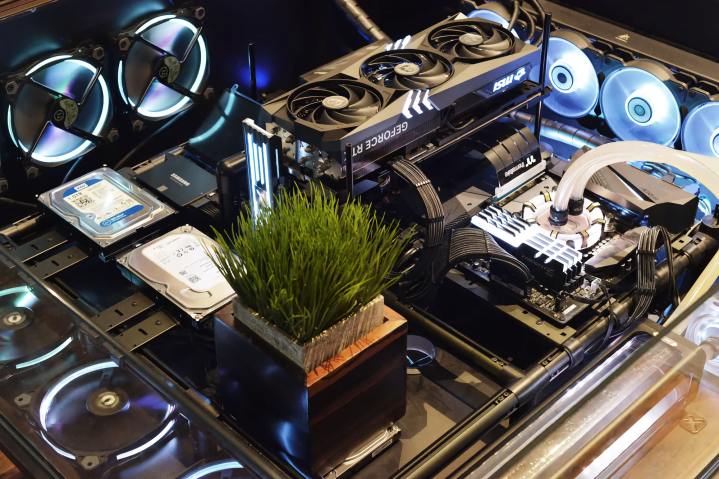 Close up showing plant inside a gaming PC built into a DIY glass desk.
