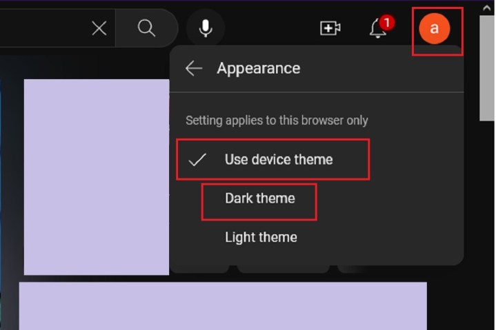 Enabling Dark Theme via the YouTube website.