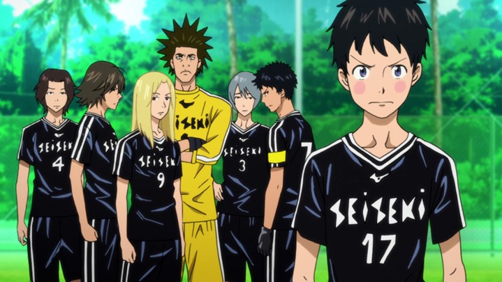 Tsukushi y el resto del elenco principal en sus uniformes de fútbol.