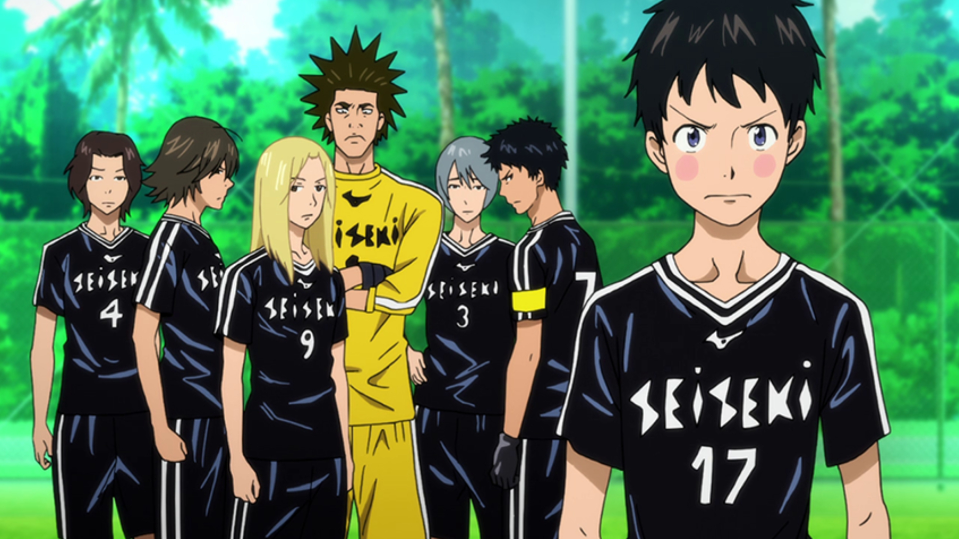 Tsukushi e o resto do elenco principal em seus uniformes de futebol.