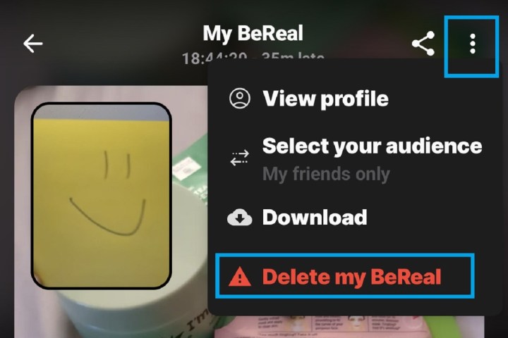 Selecting the Delete my BeReal menu option on Android.