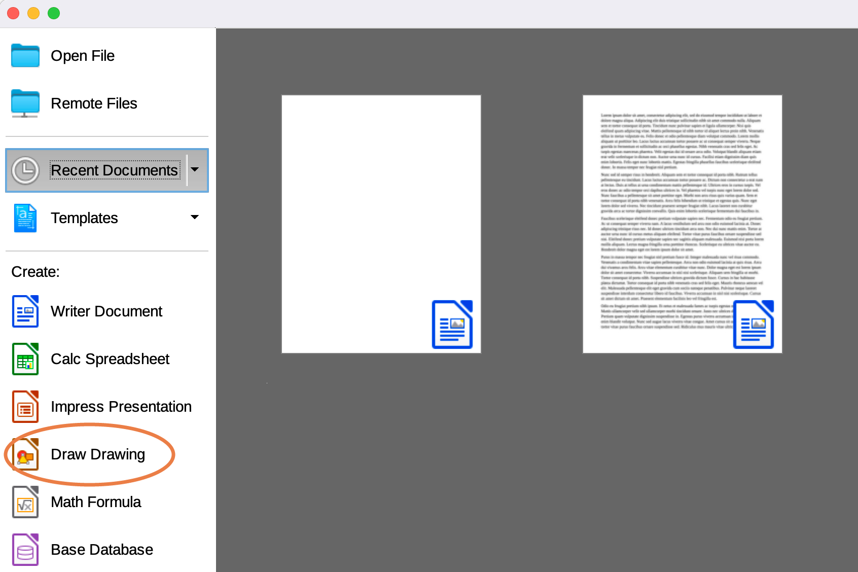 گزینه Draw Drawing در LibreOffice.