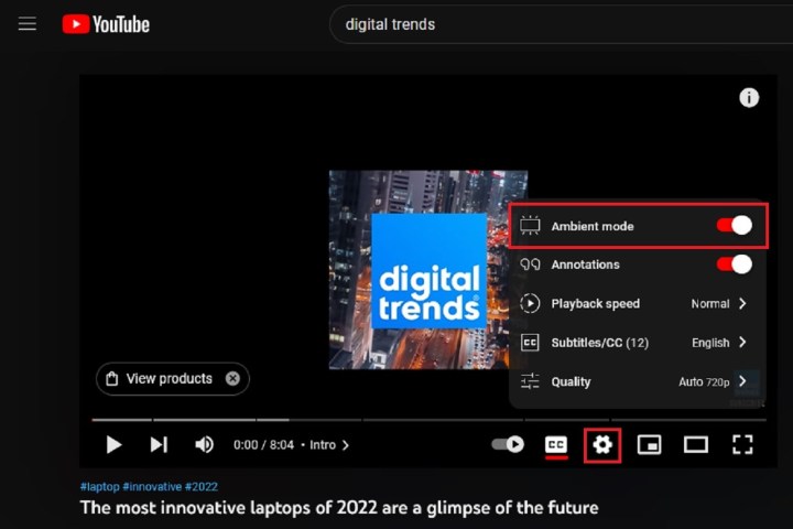 Enabling and disabling Ambient Mode via YouTube's website.