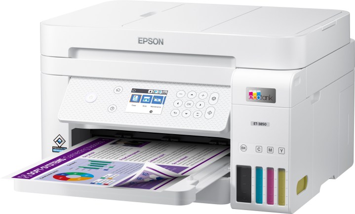 The Epson EcoTank ET3850 all-in-one inkjet cartridge-free supertank printer, printing a colored page.