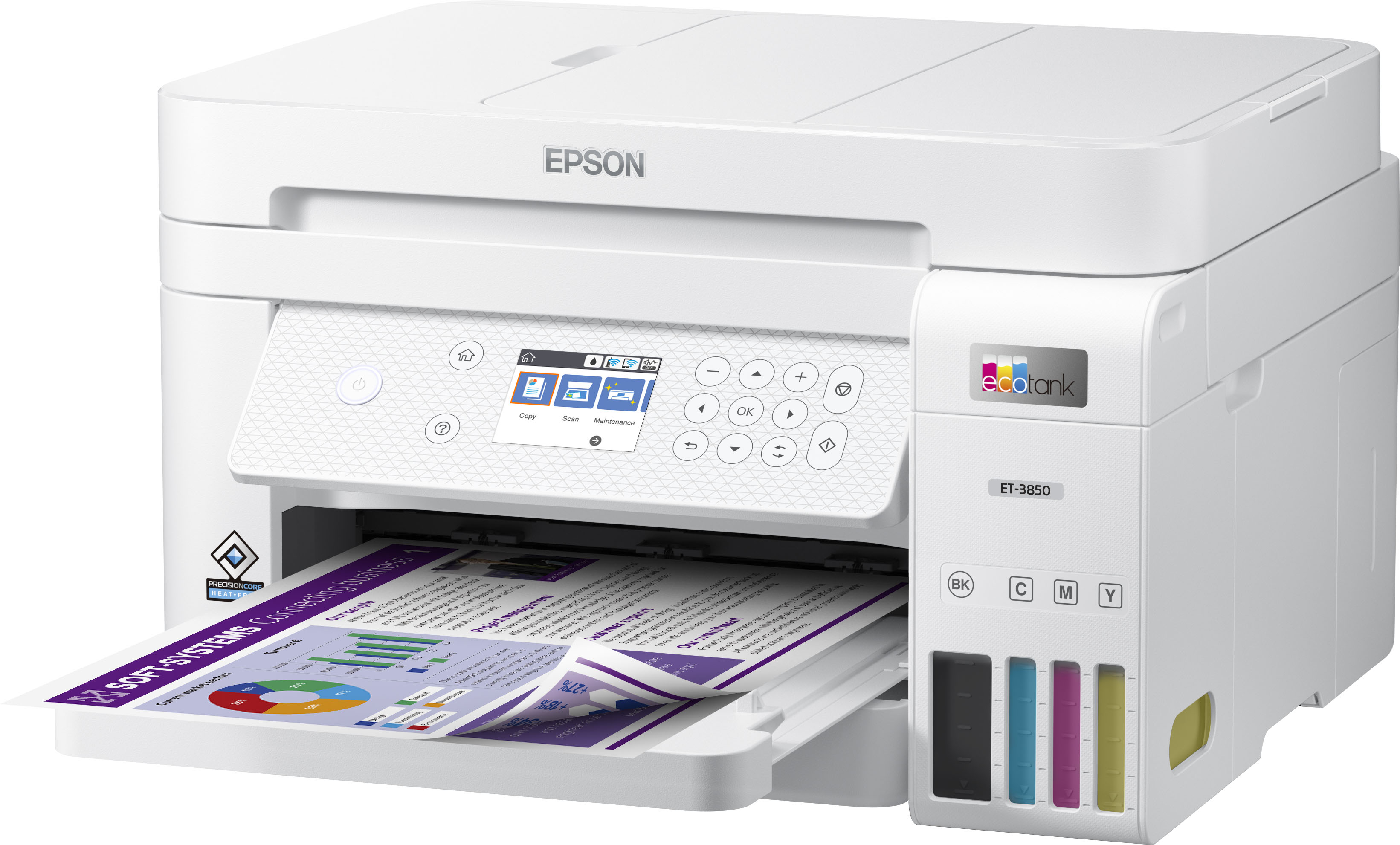 A impressora multifuncional Epson EcoTank ET3850 supertanque sem cartuchos de tinta, imprimindo uma página colorida.