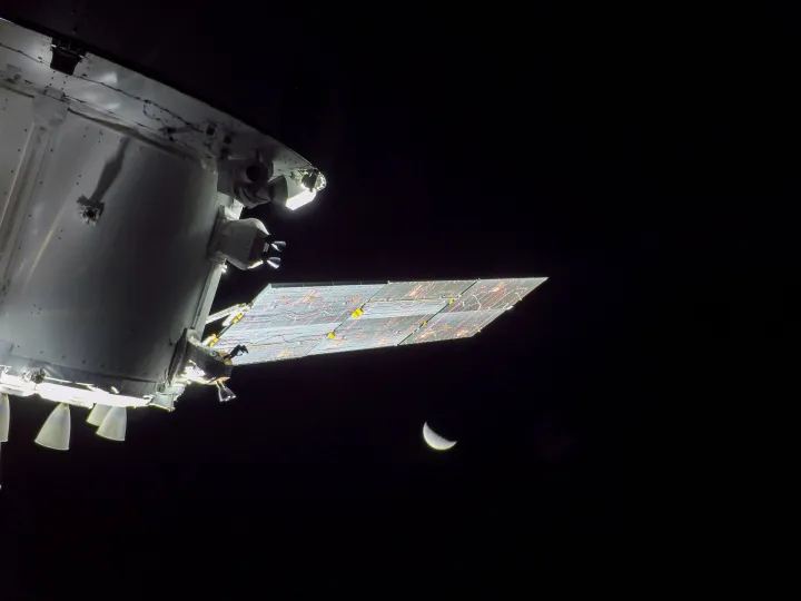 View of the Moon seen from ESA's European Service Module that is powering NASA's Orion spacecraft to the Moon and back, on flight day nine of the Artemis I mission, on 24 November 2022.