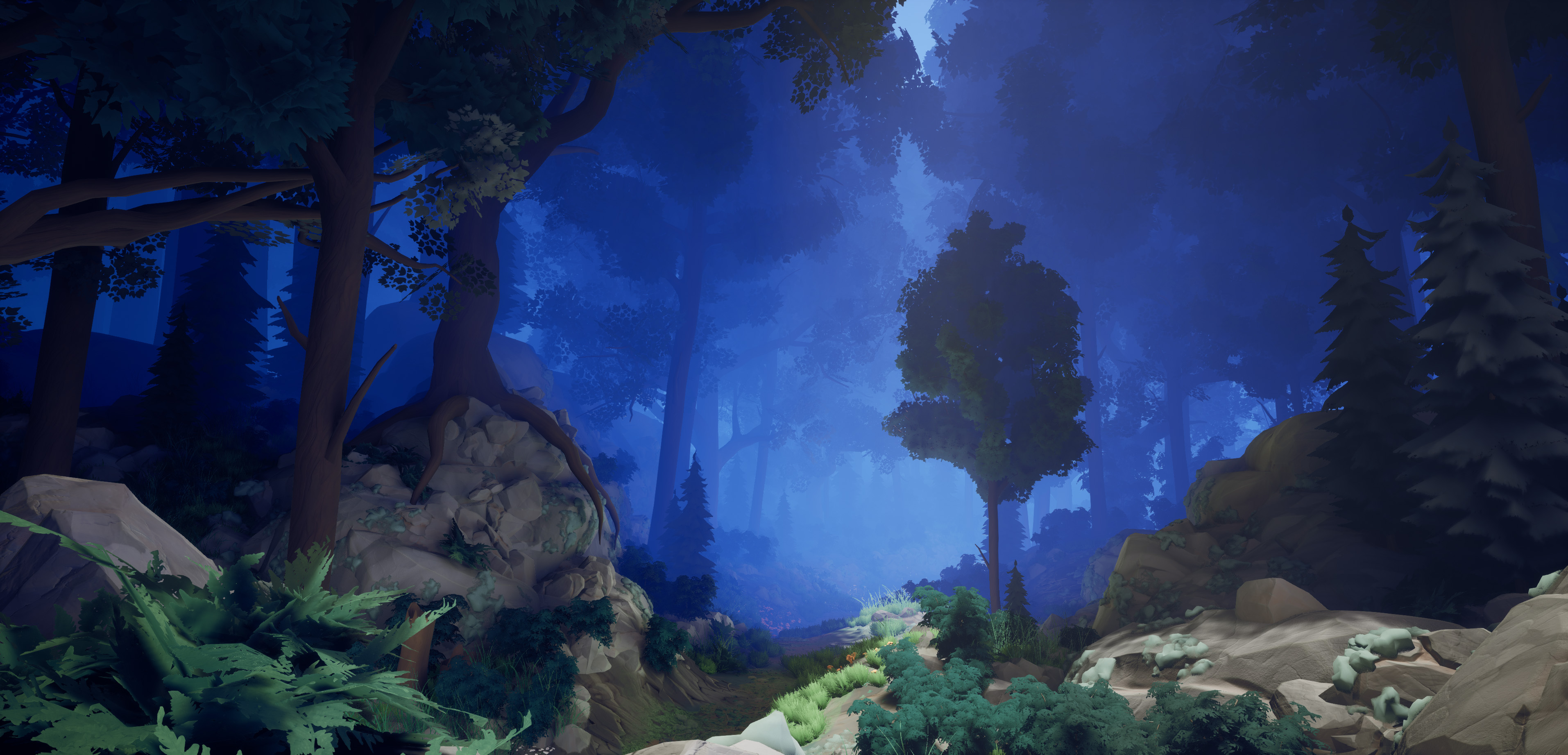 An eerie blue atmosphere envelopes a dense forest in Two Falls. 
