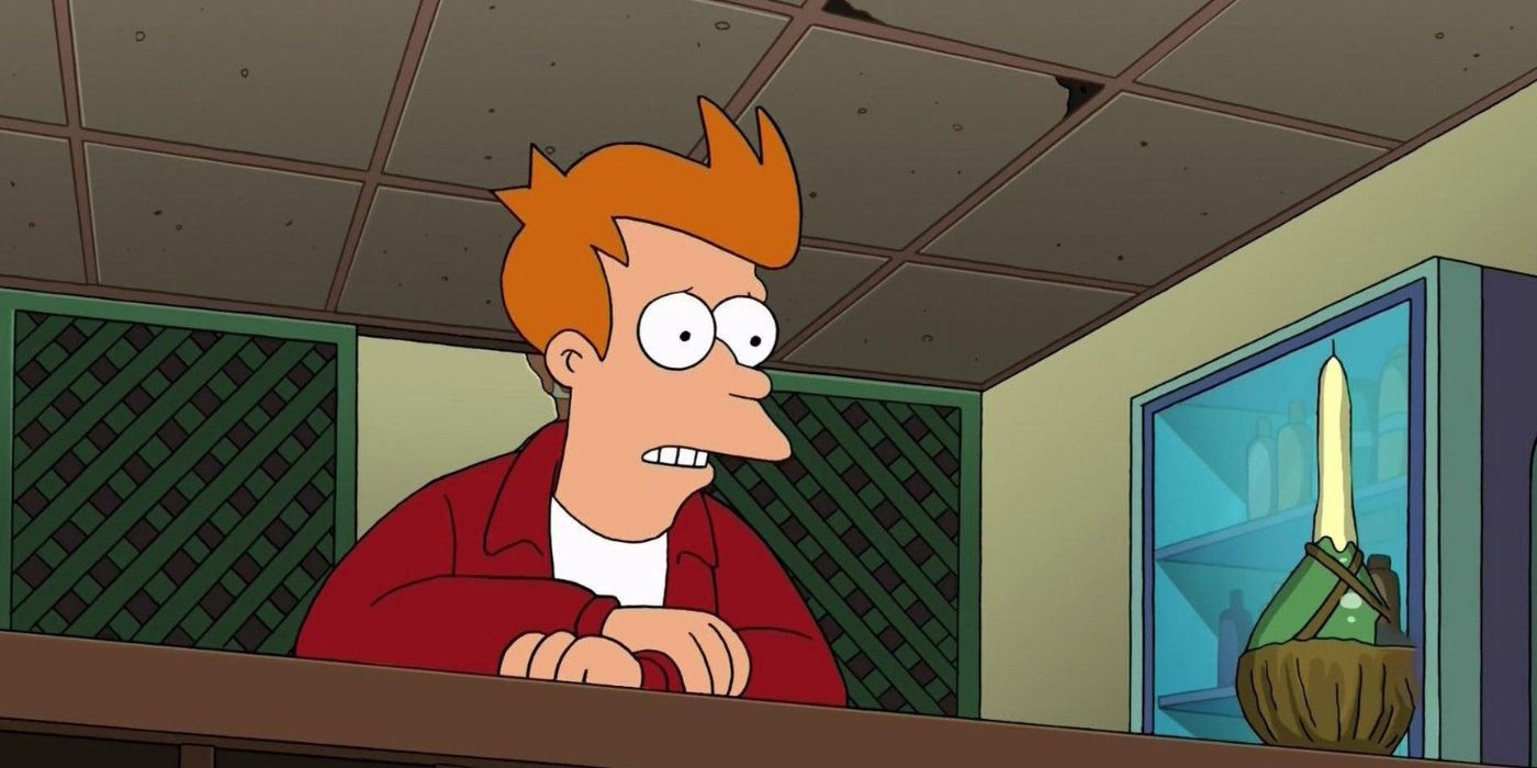 Fry espera nerviosamente a Leela en un restaurante de Futurama