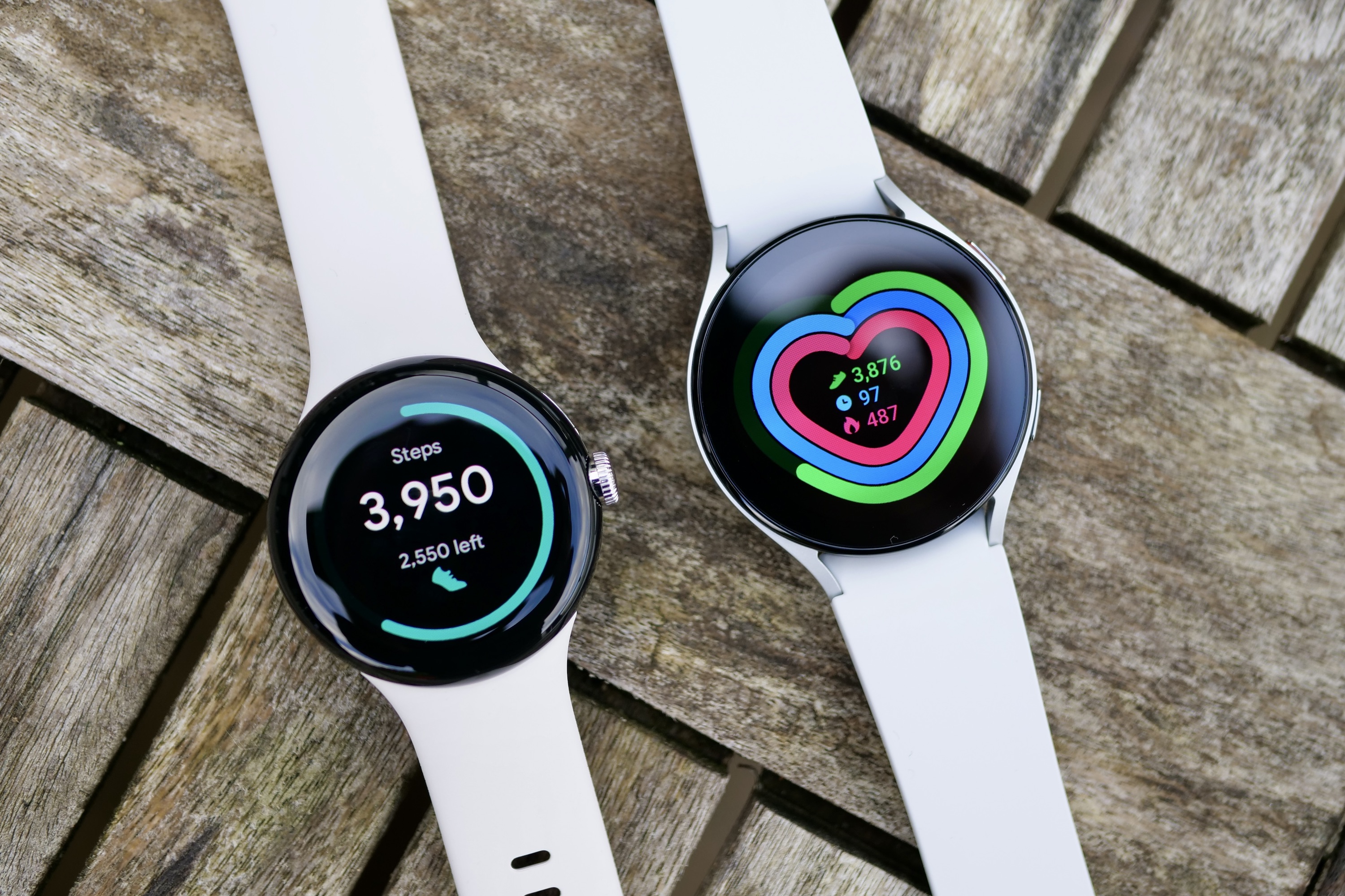 Daily activity screens on the Pixel Watch and the Galaxy Watch 5.