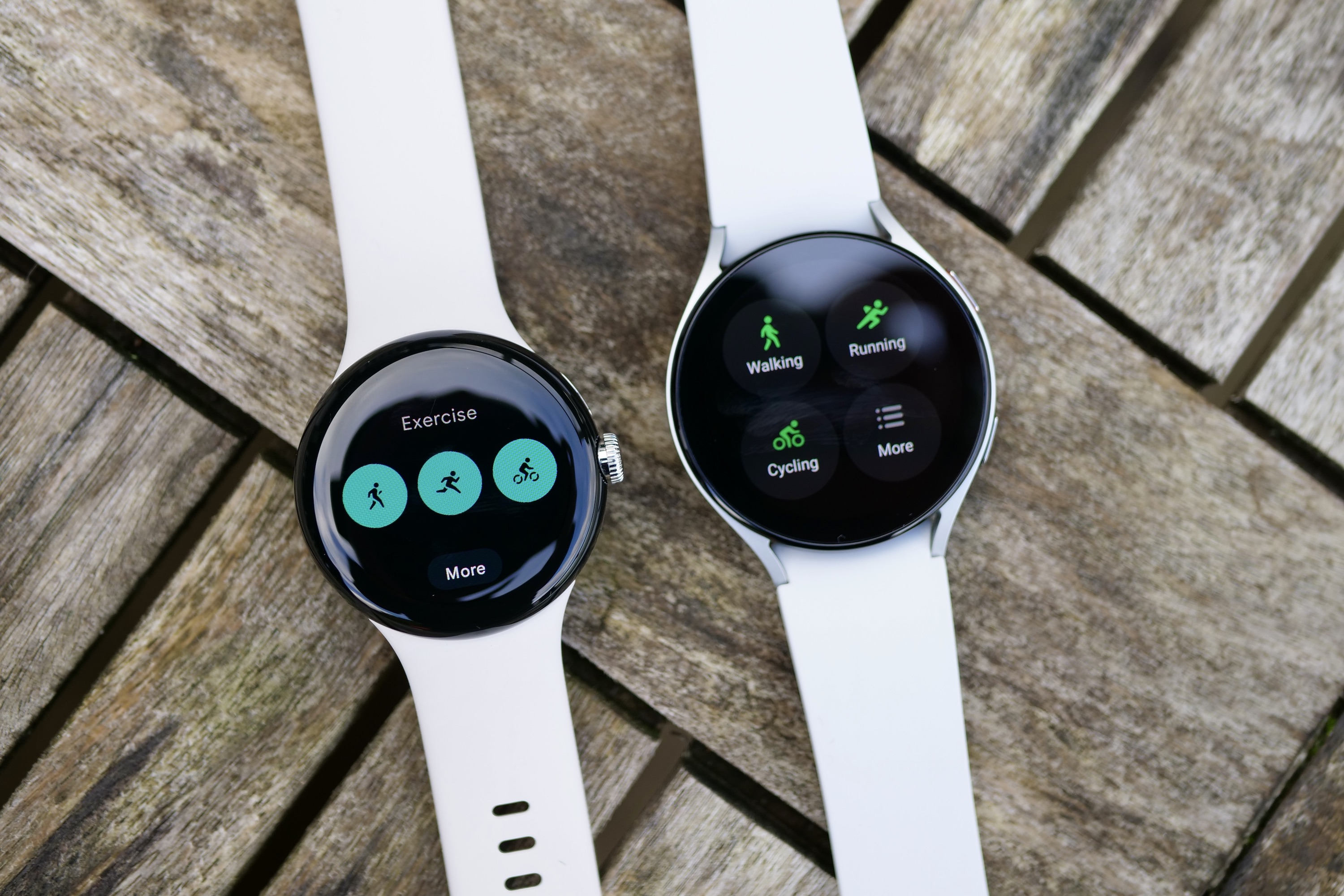 The workout screens on the Pixel Watch and the Galaxy Watch 5.