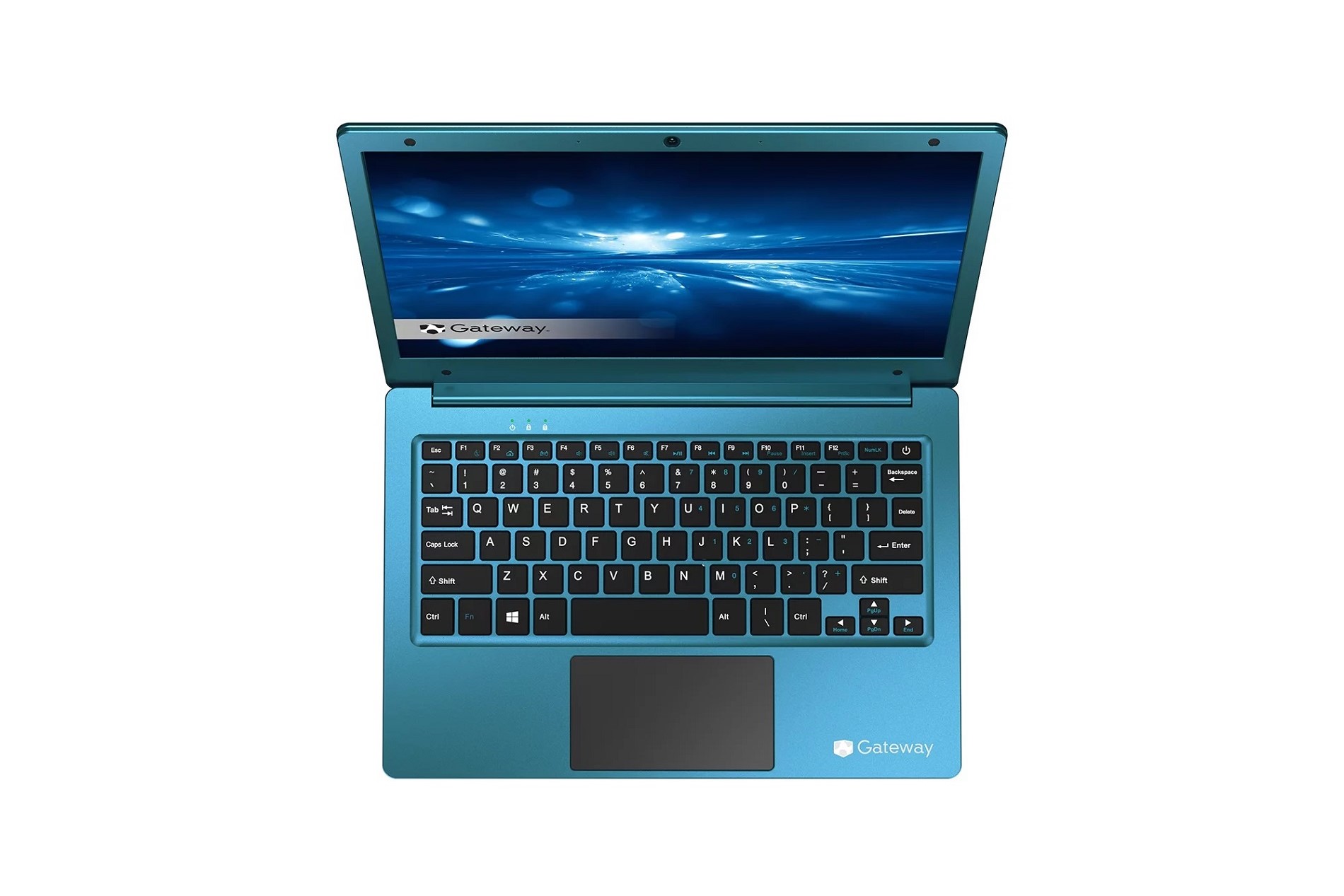 Uma visão panorâmica de um laptop Gateway Ultra Slim azul em um fundo branco.