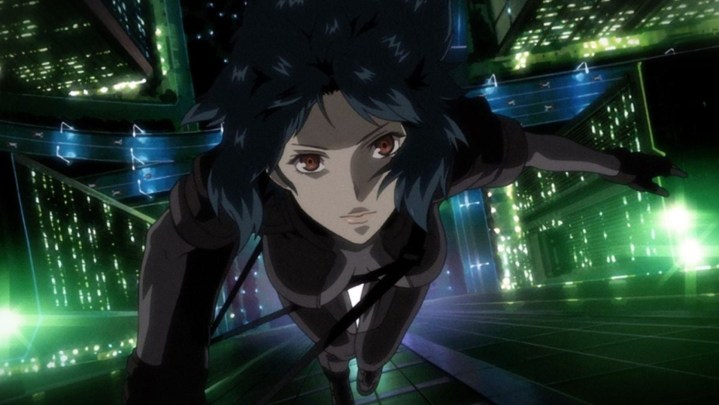 The Major falling into the neon cityscape in Ghost in the Shell: Stand Alone Complex.