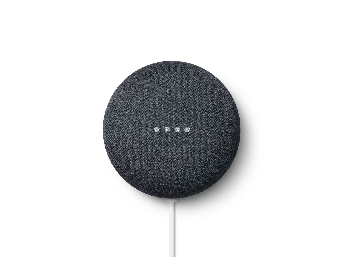 The second generation of Google Nest Mini is charcoal against a white background.