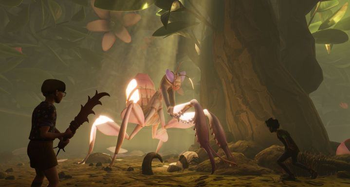 Two players fight a praying mantis in Grounded.