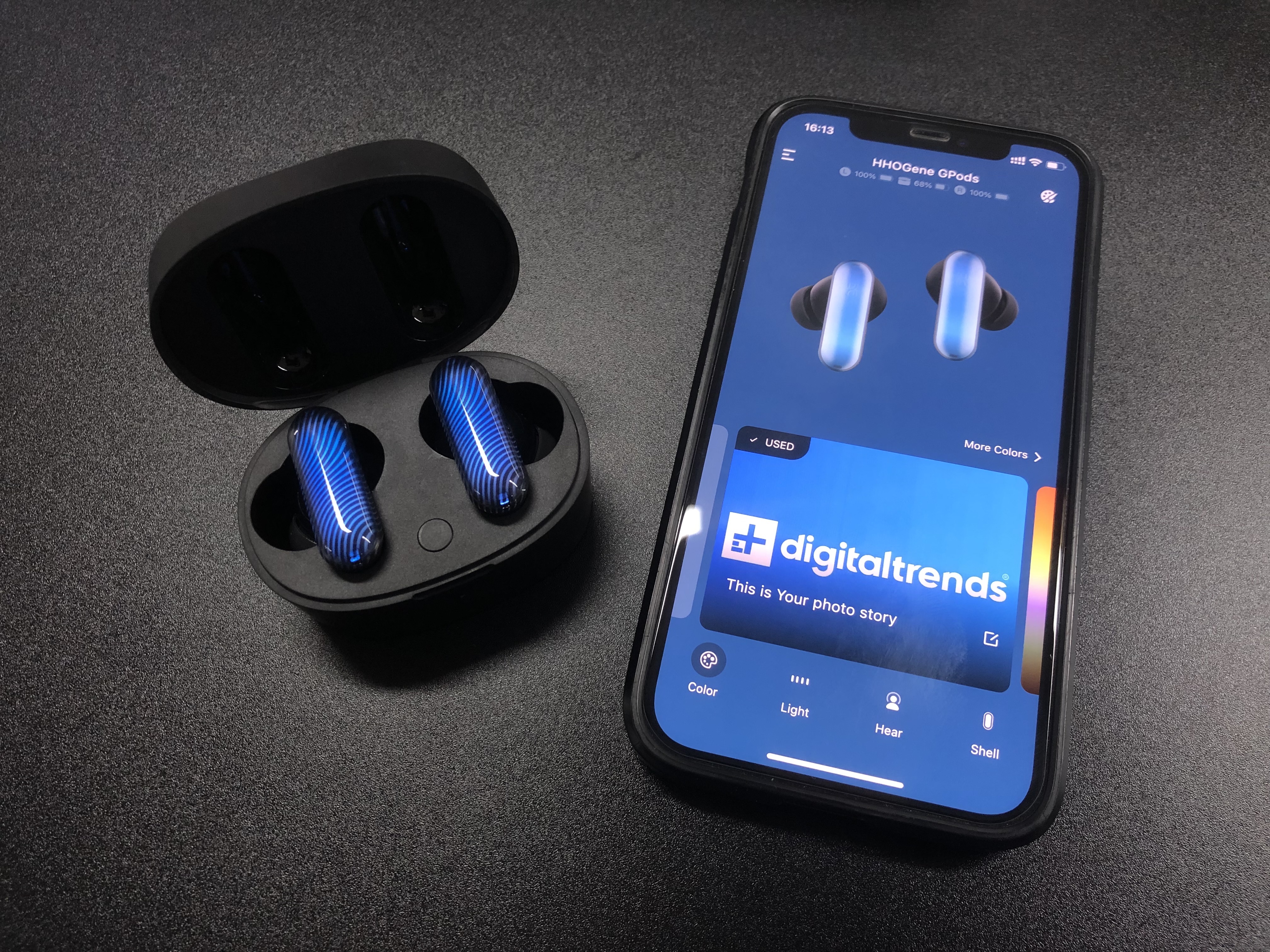 HHOGene GPods with mobile app and Digital Trends featured lit up blue.