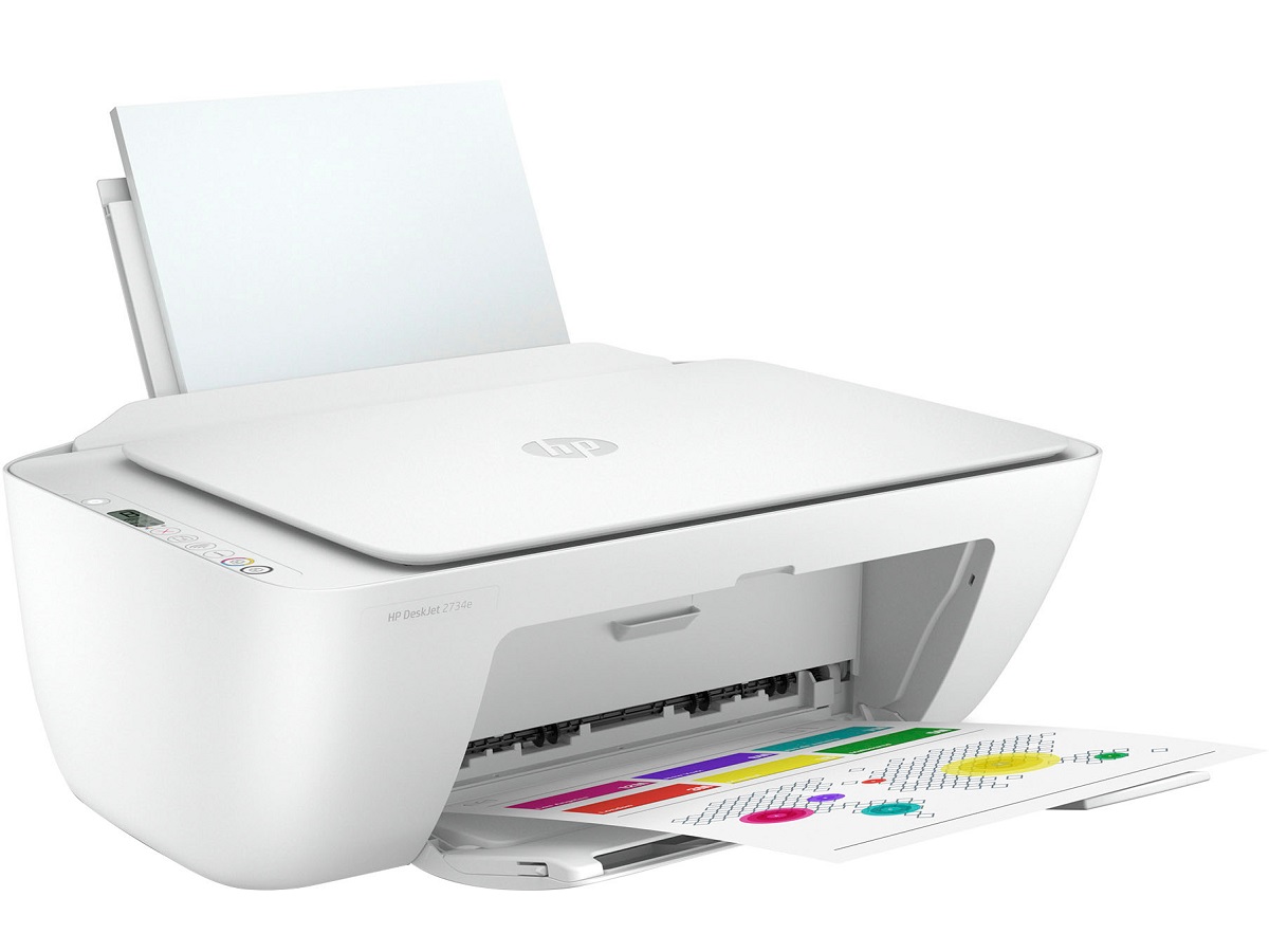 A impressora a jato de tinta multifuncional sem fio HP DeskJet 2734e, imprimindo uma página colorida.