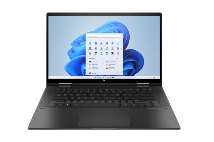 HP ENVY x360 2-in-1 laptop on white background.