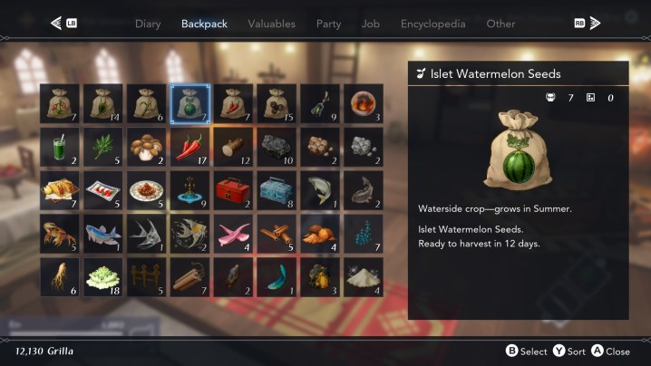 A backpack filled with resources in Harvestella.