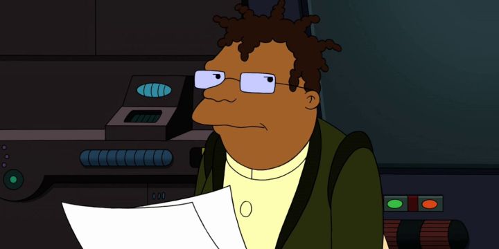 Hermes examina sus documentos en Futurama