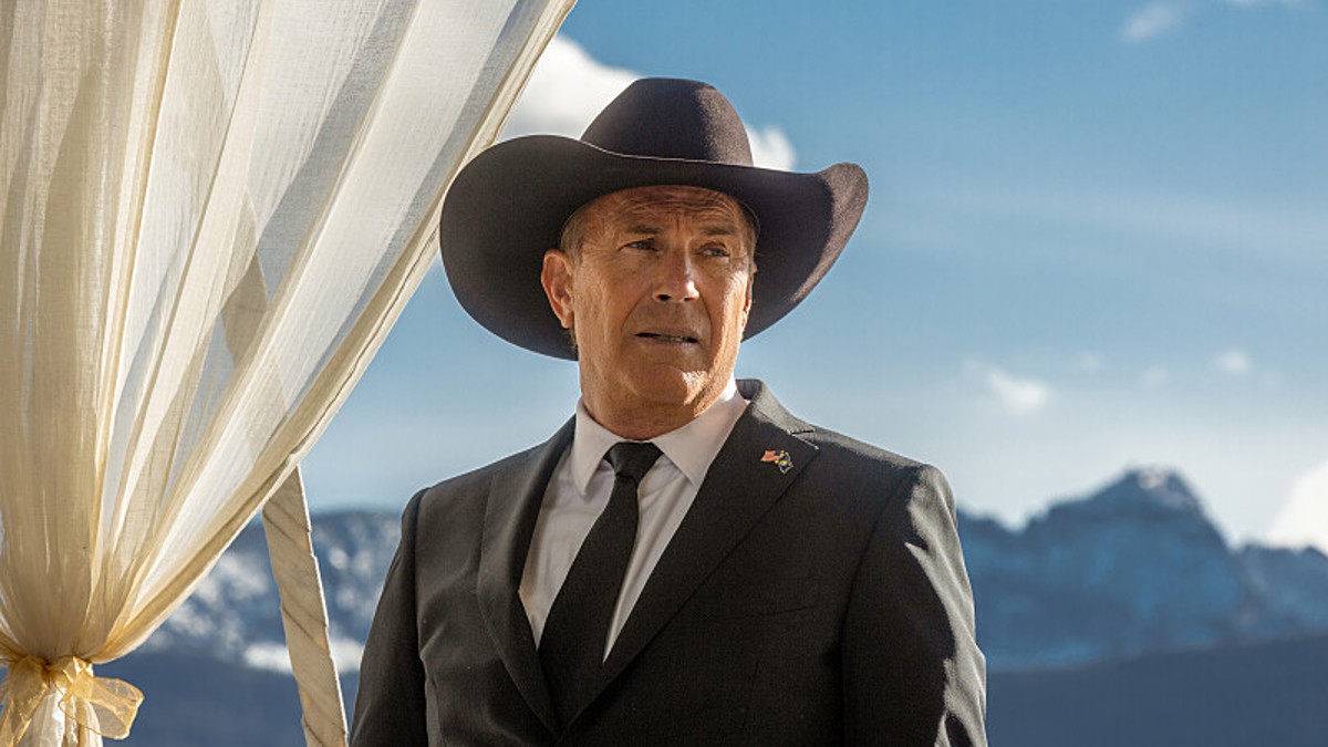 Kevin Costner staring into the distance in a scene from Yellowstone.