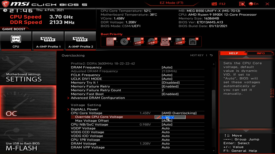 Adjusting the core voltage in an MSI BIOS.
