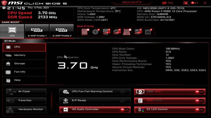 The home screen of an MSI motherboard's BIOS.