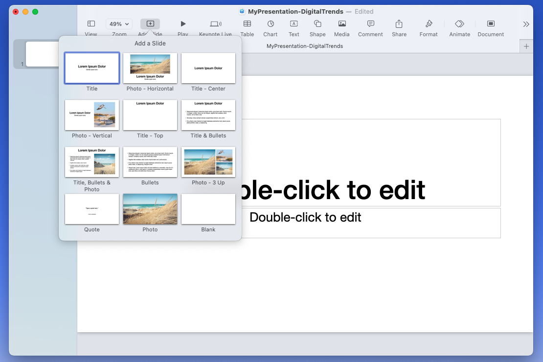 Adicione opções de layout de slide no Keynote.