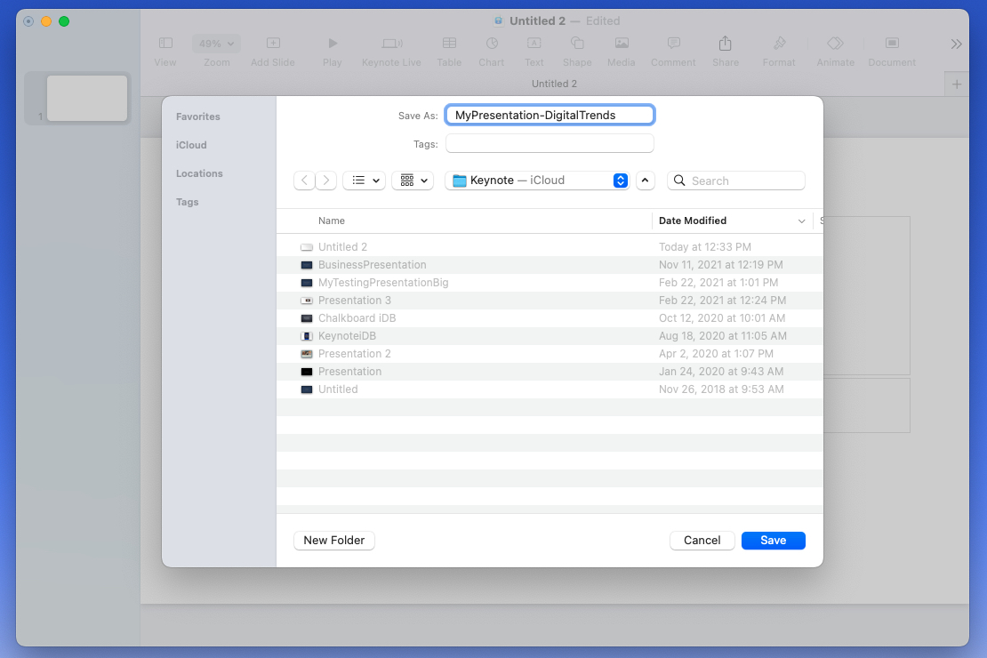 Dialog box to name and save a Keynote file.