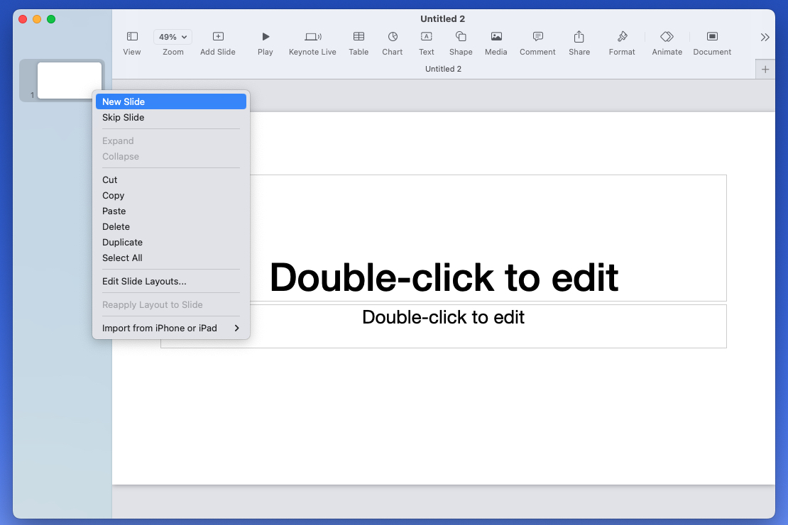 New Slide in the Keynote shortcut menu.