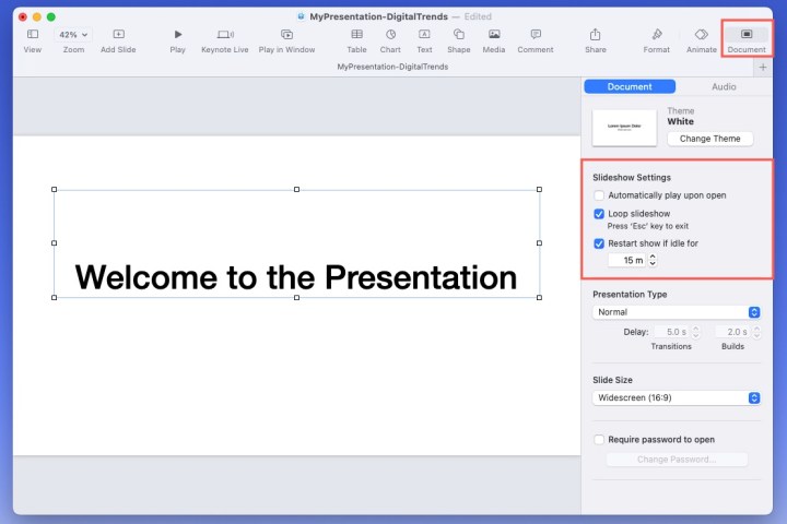 Impostazioni della presentazione di Keynote nella barra laterale.