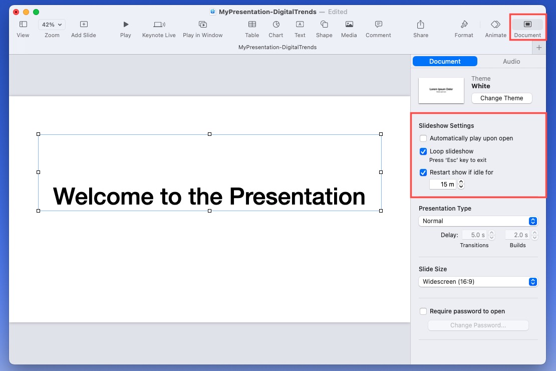 Configurações de apresentação de slides do Keynote na barra lateral.