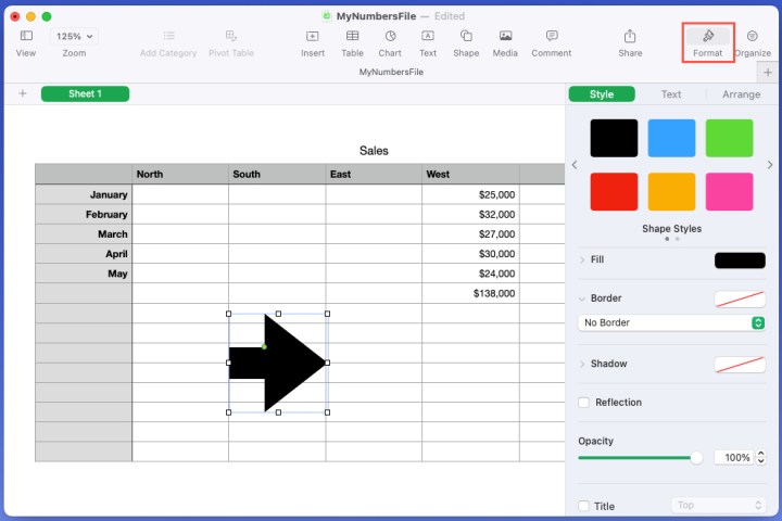 Shape format options in Numbers.