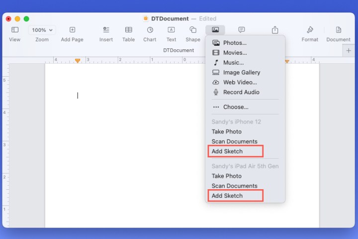 Add Sketch from iPhone or iPad in the Pages Media menu.