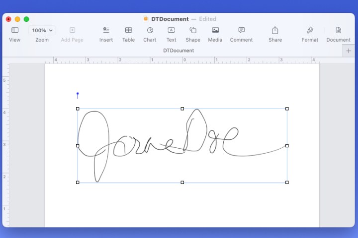 Boceto de firma en Mac Pages desde iPad.