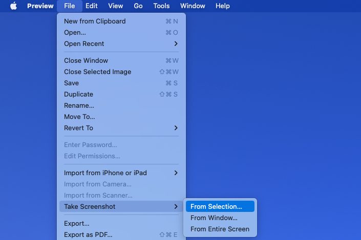 From Selection in the Take Screenshot options in Preview.