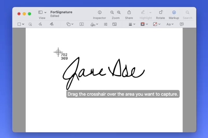Taking a screenshot of a signature in Preview.