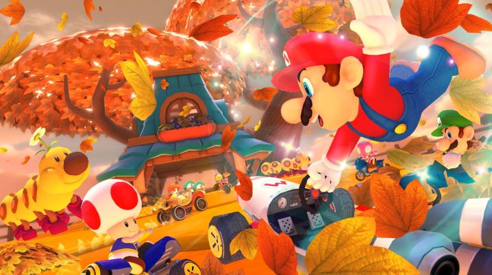 Марио и его друзья мчатся по гоночной трассе в Mario Kart 8.