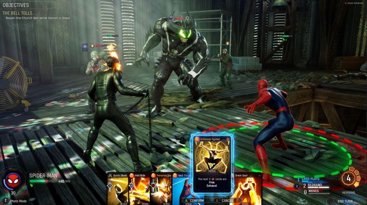 Motoqueiro Fantasma e Homem-Aranha lutam contra Venom em Marvel's Midnight Suns.
