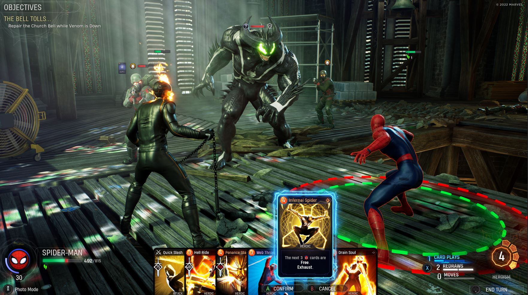 Motoqueiro Fantasma e Homem-Aranha lutam contra Venom em Marvel's Midnight Suns.