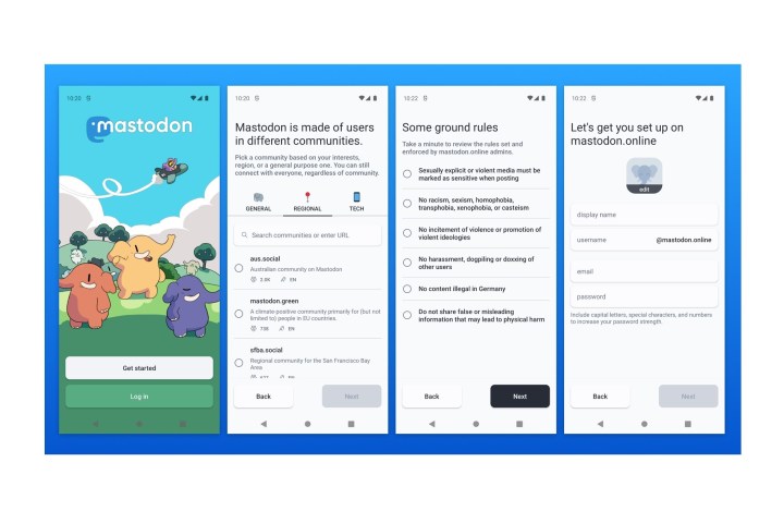 Series of four mobile screenshots showing Mastodon's sign-up process.