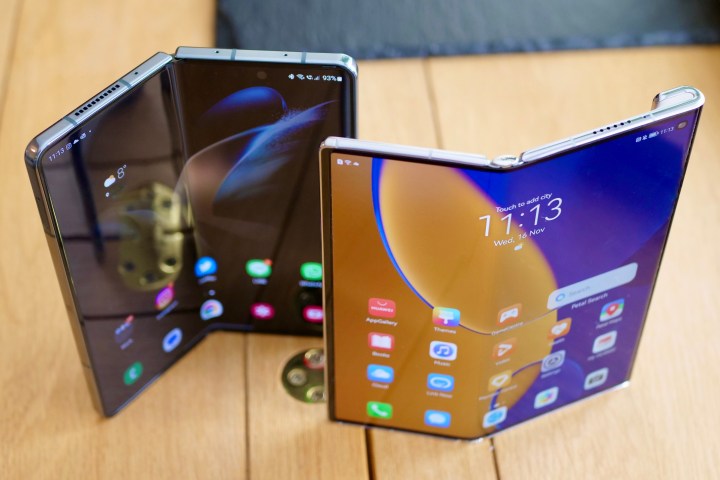 The top of the open Galaxy Z Fold 4 and the Huawei Mate Xs 2.