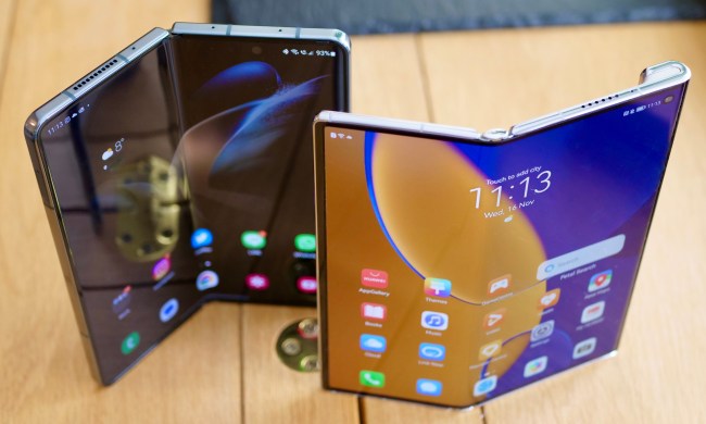 The top of the open Galaxy Z Fold 4 and the Huawei Mate Xs 2.